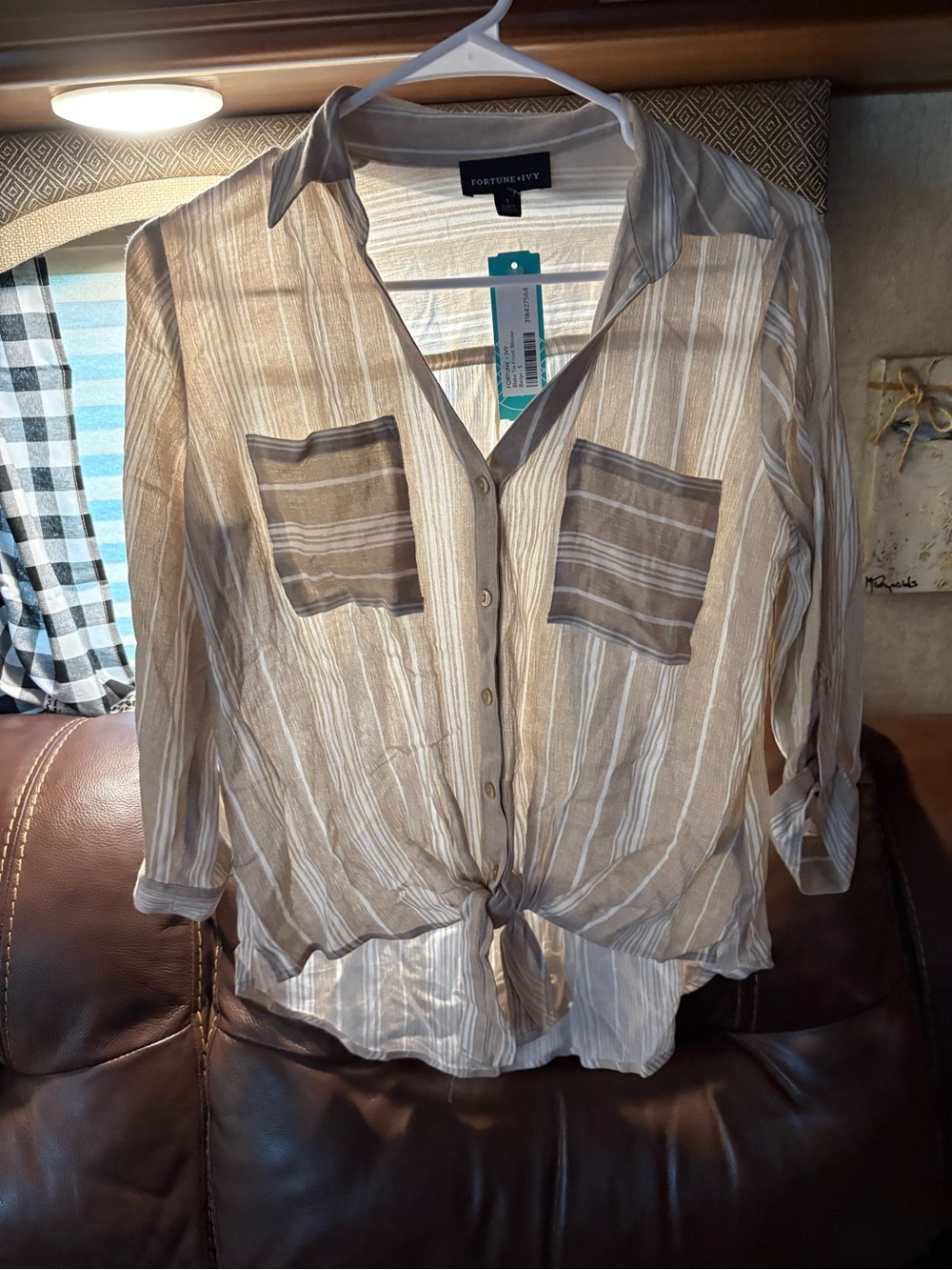 Fortune & Ivy Beige Striped Button-Front Tie Hem Shirt